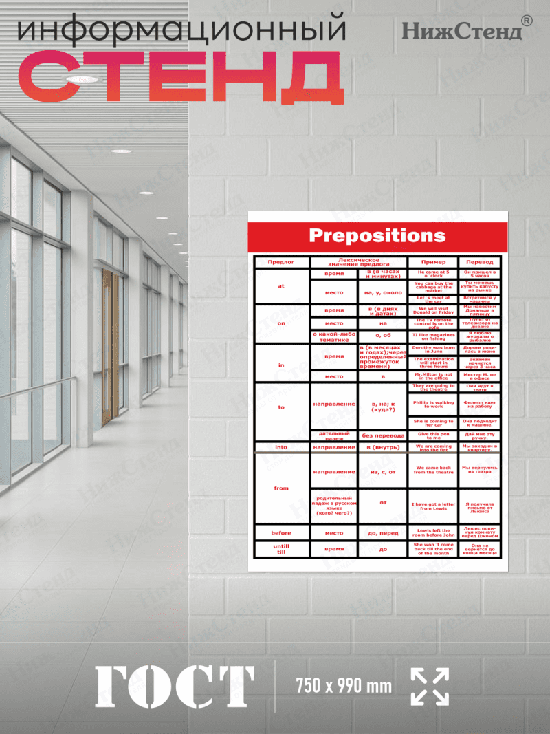 Стенд в кабинет английского языка "Prepositions" — изображение 5