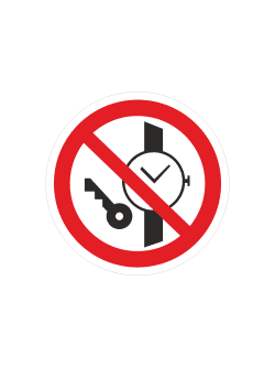 Знак P27 «Запрещается иметь при (на) себе металлические предметы (часы и т.п.)» (наклейка, 200х200 мм)