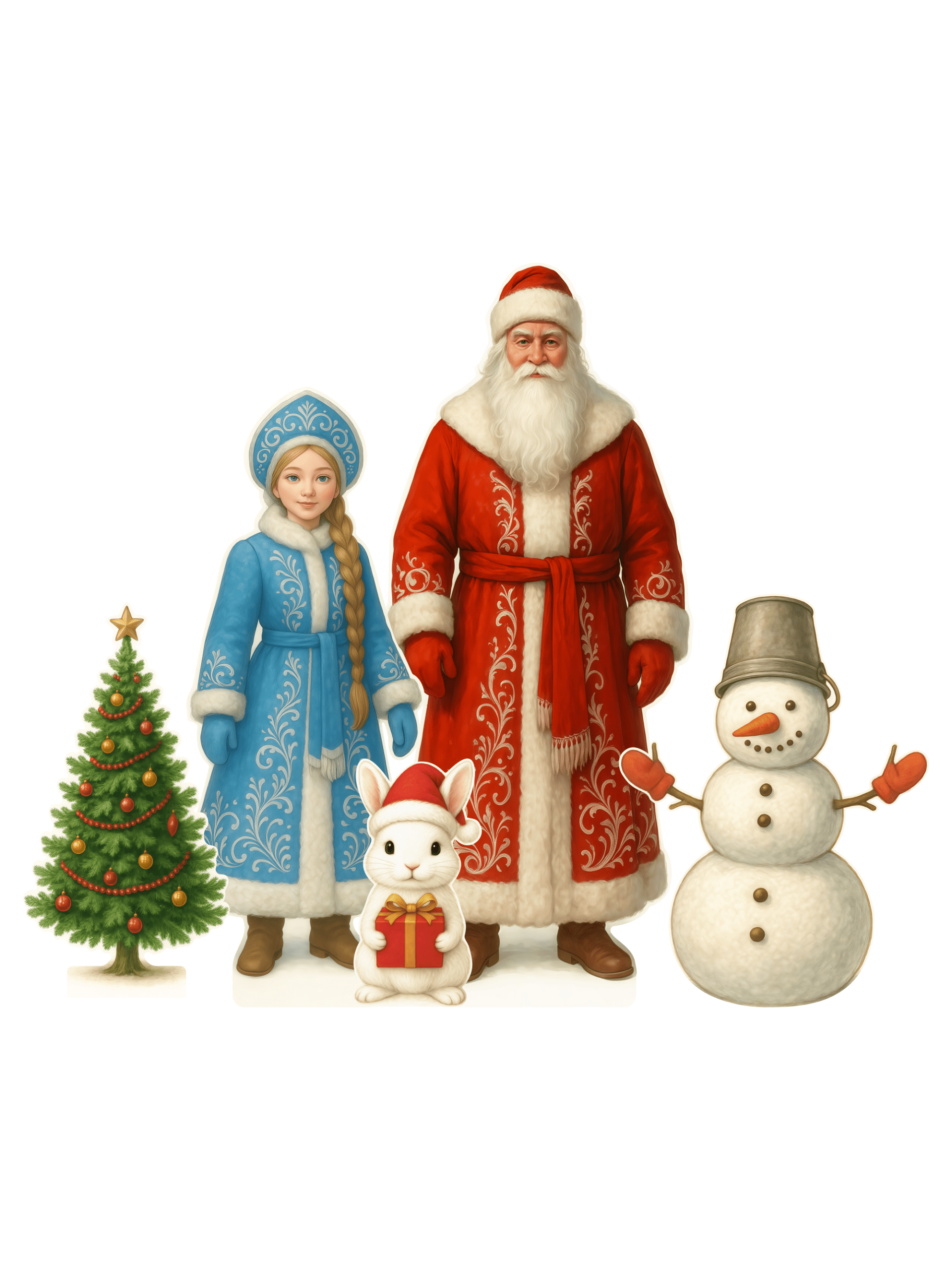 Новогодняя композиция «Дед Мороз, Снегурочка, Снеговик, Ёлка и Заяц» 219×180 см